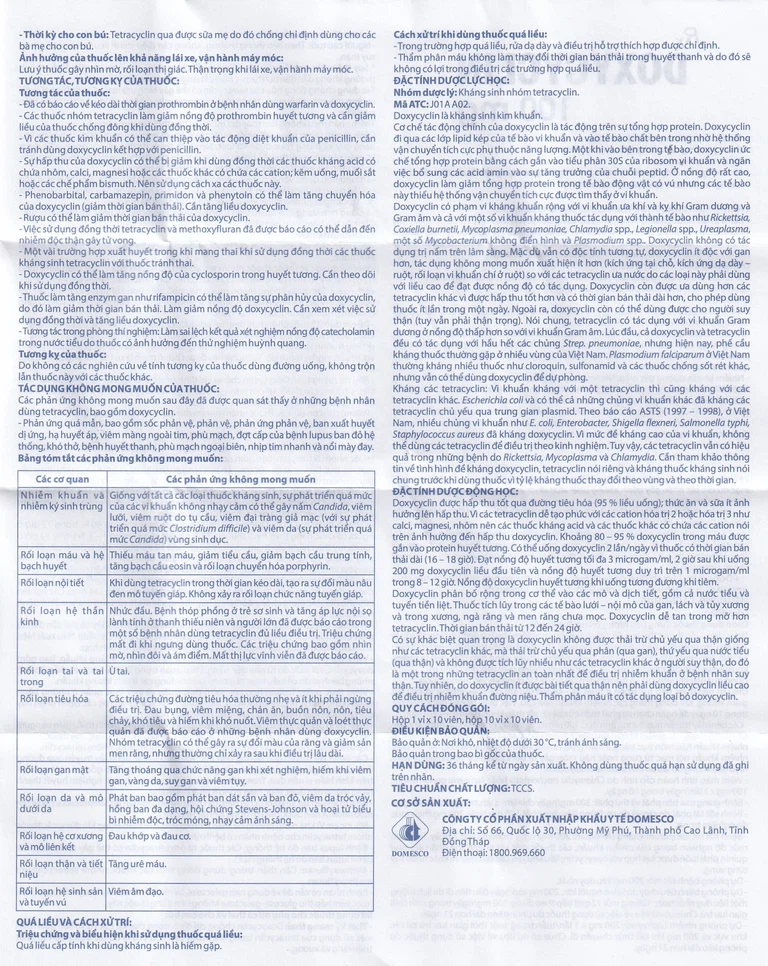 Thuốc Doxycyclin 100mg Domesco điều trị nhiễm khuẩn (10 vỉ x 10 viên)