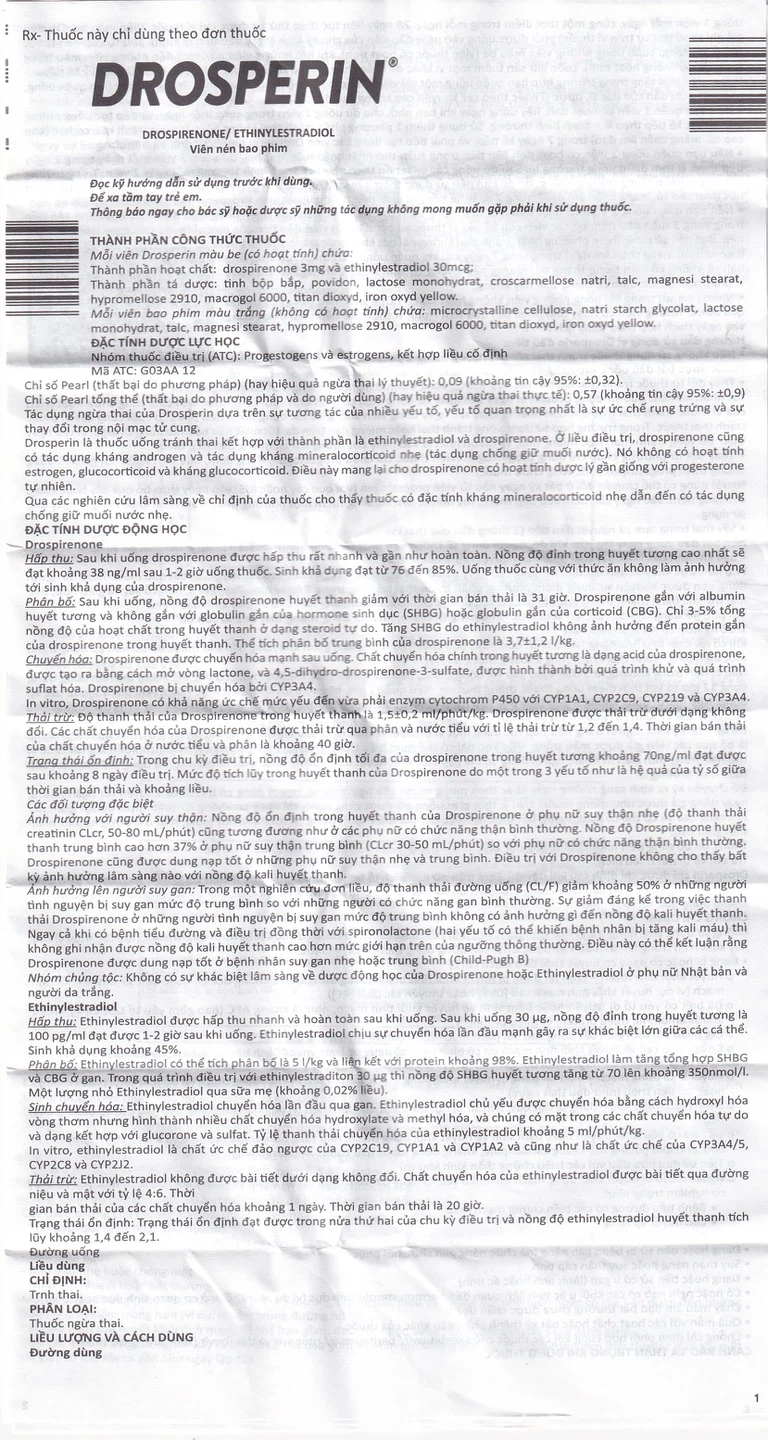 Thuốc tránh thai hằng ngày Drosperin Abbott (1 vỉ x 28 viên)