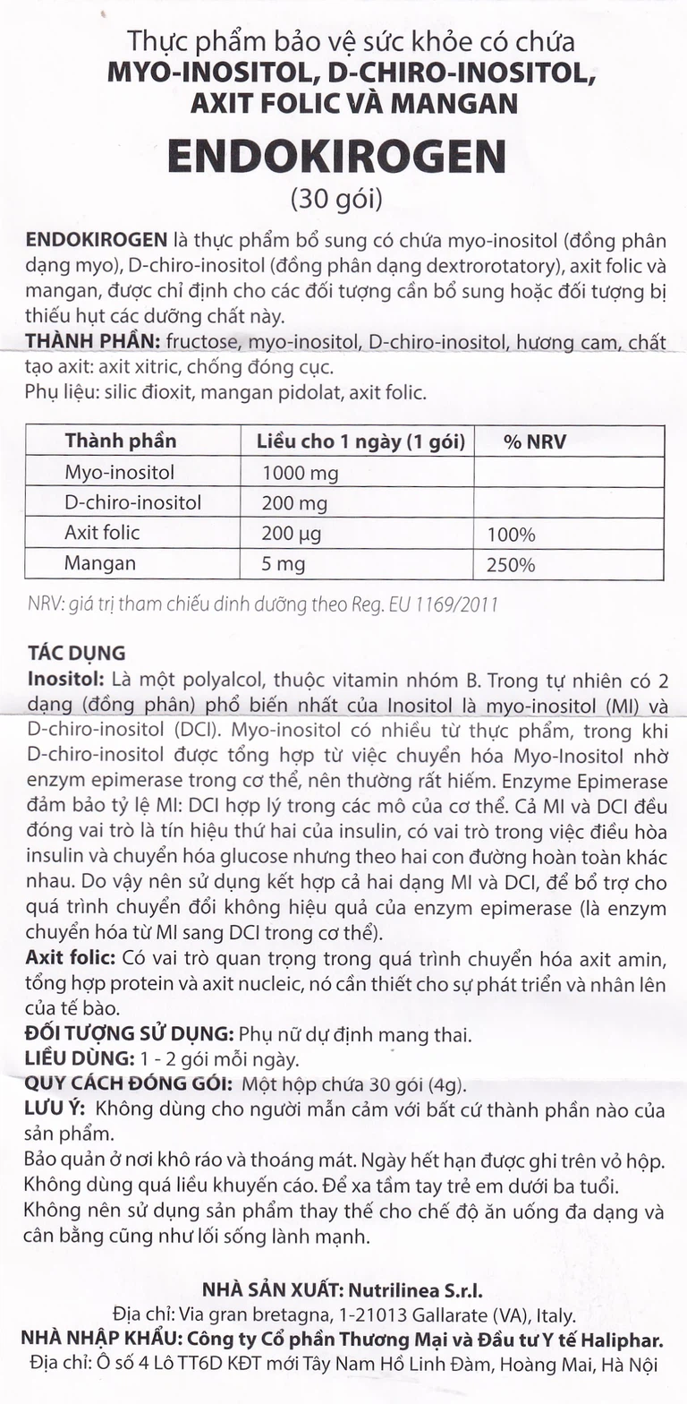 Bột uống Endokirogen 4g Nutrilinea bổ sung inositol, hỗ trợ sức khỏe cho phụ nữ trước khi mang thai (30 gói)