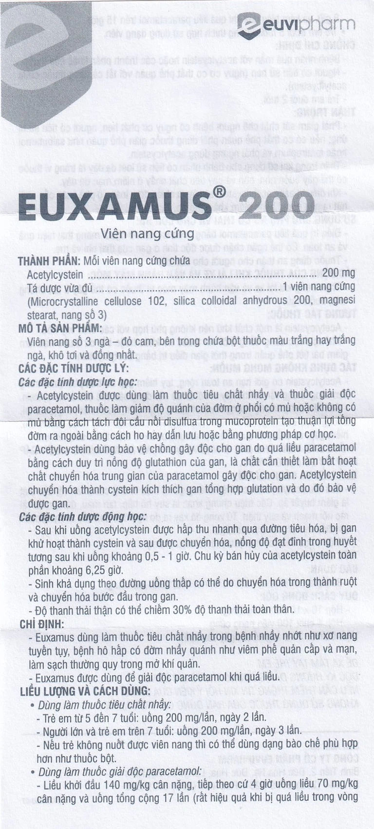 Thuốc Euxamus 200mg Euvipharm tiêu chất nhầy trong bệnh nhầy nhớt (10 vỉ x 10 viên)