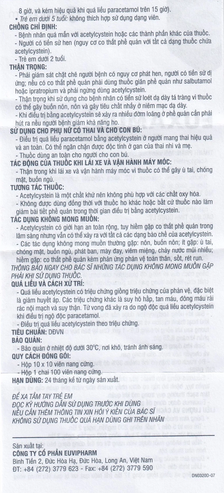 Thuốc Euxamus 200mg Euvipharm tiêu chất nhầy trong bệnh nhầy nhớt (10 vỉ x 10 viên)