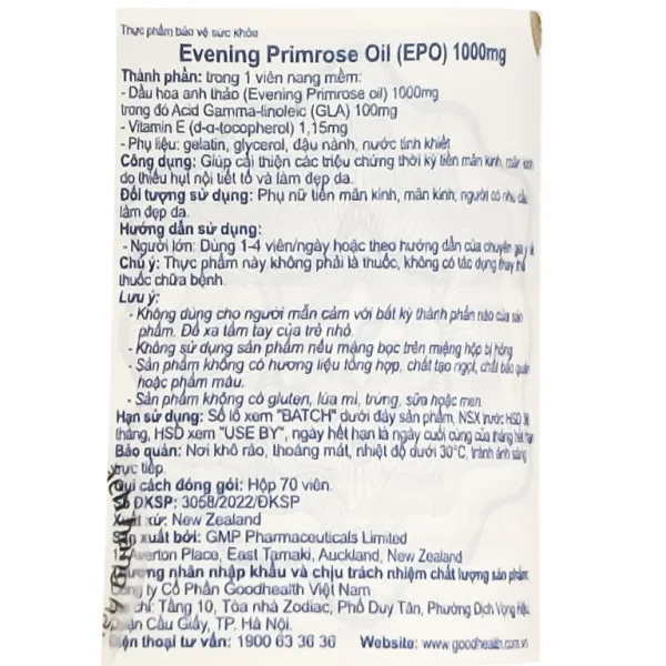 Viên uống Evening Primrose Oil (EPO) 1000mg Good Health cải thiện nội tiết tố nữ, làm đẹp da (70 viên)