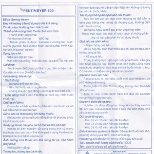 Viên đặt âm đạo Fentimeyer 600 Meyer-BPC điều trị bệnh nấm Candida sinh dục (1 vỉ x 3 viên)