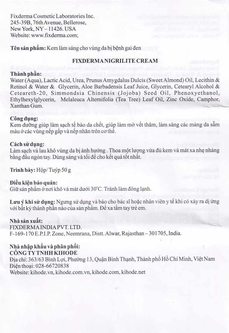 Kem dưỡng Fixderma Nigrilite Cream làm sạch tế bào da chết, mờ thâm, sáng da sẫm màu (50g)