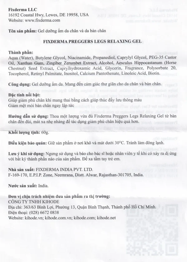 Gel Preggers Leg Relaxing 60g Fixderma dưỡng ẩm, giảm chuột rút, phù nề, giãn tĩnh mạch chân cho bà bầu