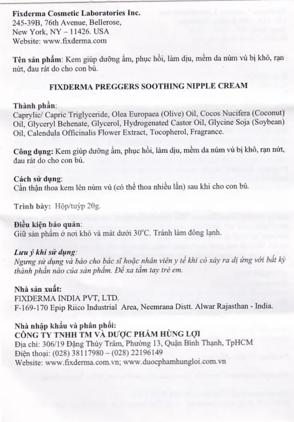 Kem Preggers Soothing Nipple Cream Fixderma hỗ trợ dưỡng ẩm, phục hồi, làm dịu núm vú bị khô (20g)