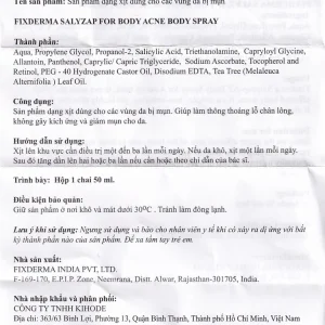 Xịt trị mụn Fixderma Salyzap for Body Acne Body Spray làm thông thoáng lỗ chân lông (50ml)