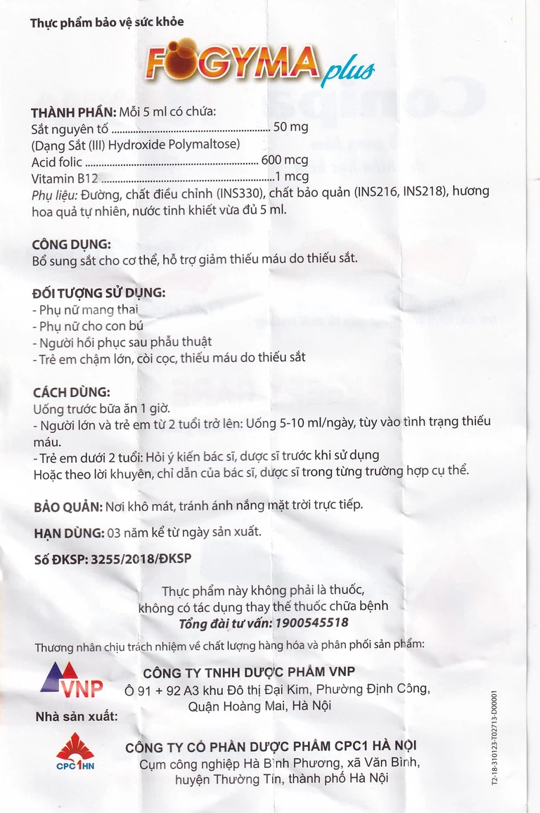 Dung dịch uống Fogyma Plus VNP bổ sung sắt cho cơ thể, hỗ trợ giảm thiếu máu do thiếu sắt (4 vỉ x 5 ống)