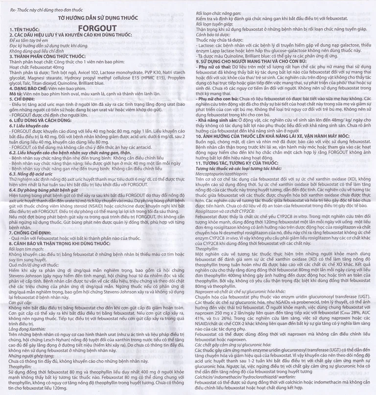 Thuốc Forgout 40mg TW3 điều trị tăng acid uric mạn tính, viêm khớp do gout (2 vỉ x 15 viên)