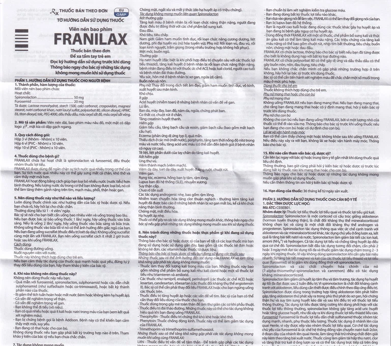 Thuốc Franilax 50mg/20mg Davipharm ngăn chặn sự tích tụ nước trong cơ thể (3 vỉ x 10 viên)