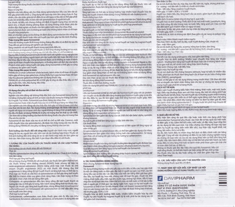 Thuốc Franilax 50mg/20mg Davipharm ngăn chặn sự tích tụ nước trong cơ thể (3 vỉ x 10 viên)