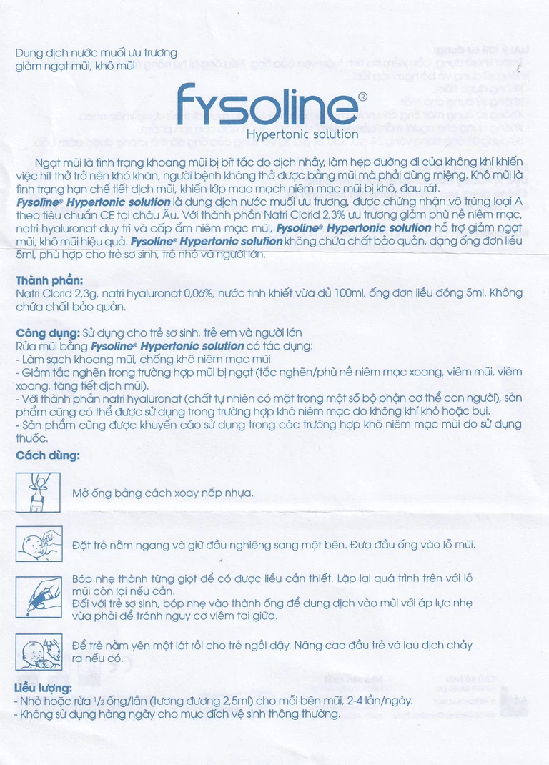Dung dịch nước muối ưu trương Fysoline 5ml giảm ngạt mũi, khô mũi (20 ống)