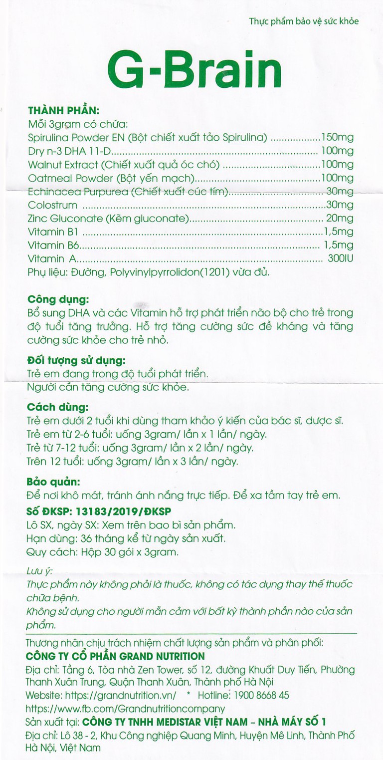Cốm Trí Não G-Brain 3g Grand Nutrition bổ sung DHA và các vitamin hỗ trợ phát triển não bộ cho trẻ (30 gói)