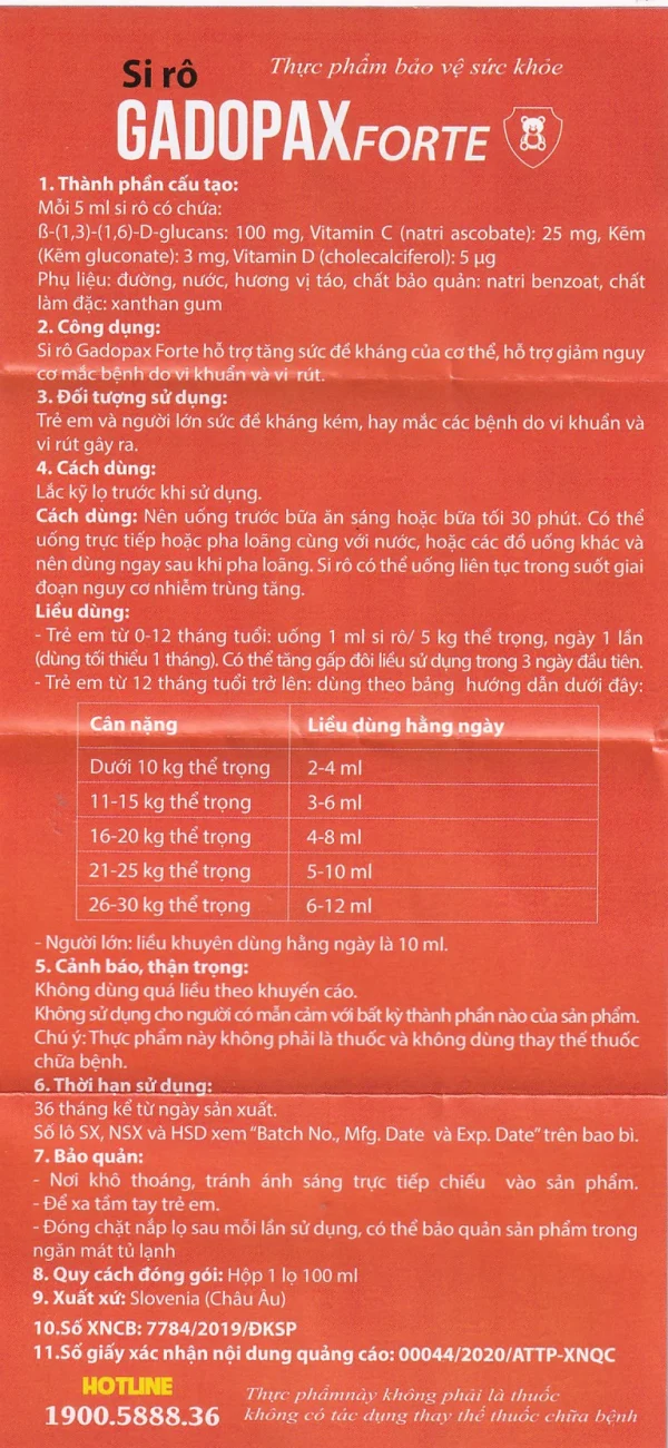 Siro Gadopax Forte hỗ trợ tăng sức đề kháng của cơ thể (100ml)