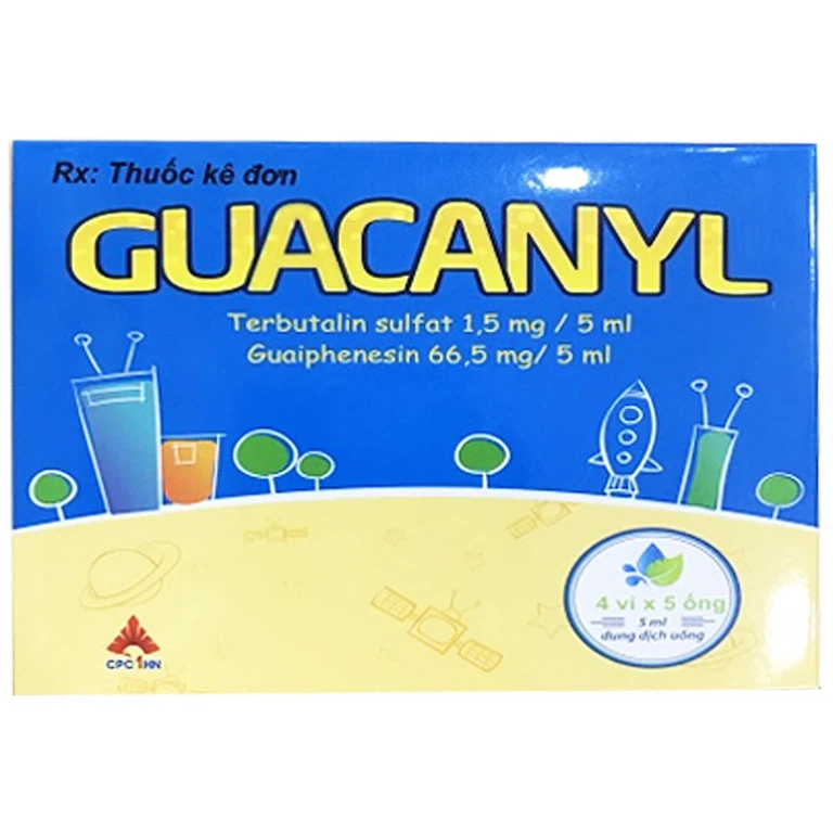 Dung dịch uống Guacanyl CPC1HN điều trị ho do hen phế quản, viêm phế quản, khí phế thũng (4 vỉ x 5 ống)