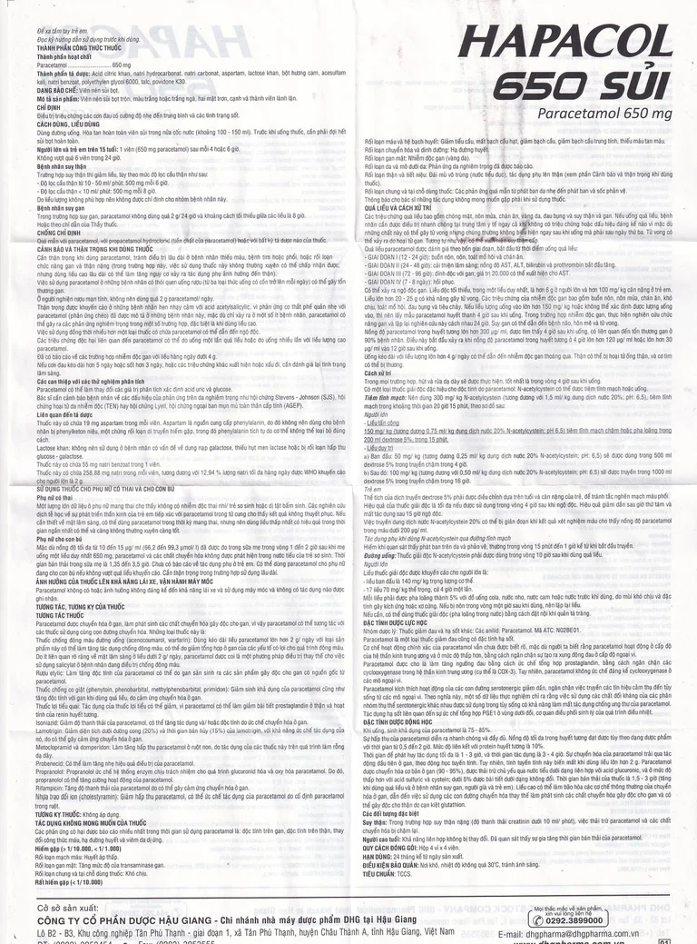 Viên sủi Hapacol 650 DHG điều trị các cơn đau có cường độ nhẹ đến trung bình và sốt (4 vỉ x 4 viên)