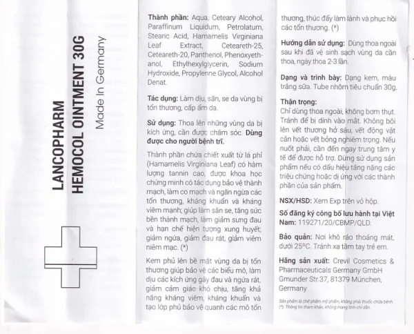 Kem bôi trĩ Hemocol Ointment Lancopharm hỗ trợ làm dịu, săn, se da vùng bị tổn thương (30g)