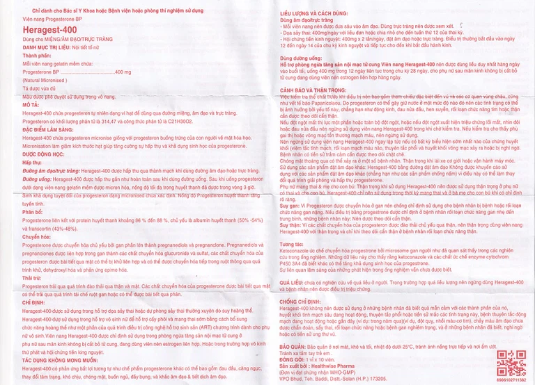Viên nội tiết tố Heragest - 400 hỗ trợ dự phòng sảy thai, vô sinh nữ, hội chứng tiền kinh nguyệt (1 vỉ x 10 viên)