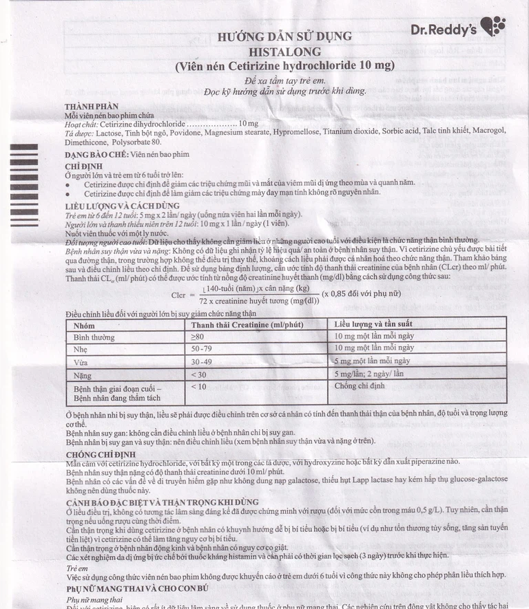 Thuốc Histalong 10mg Dr. Reddy điều trị viêm mũi theo mùa và viêm màng kết (2 vỉ x 10 viên)