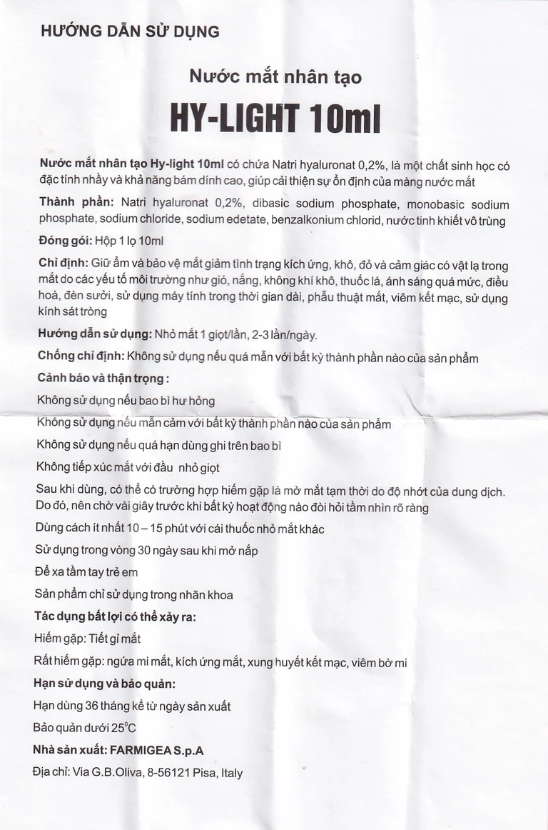 Nước mắt nhân tạo Hy-Light 10ml Farmigea giữ ẩm và bảo vệ mắt giảm tình trạng kích ứng, khô, đỏ