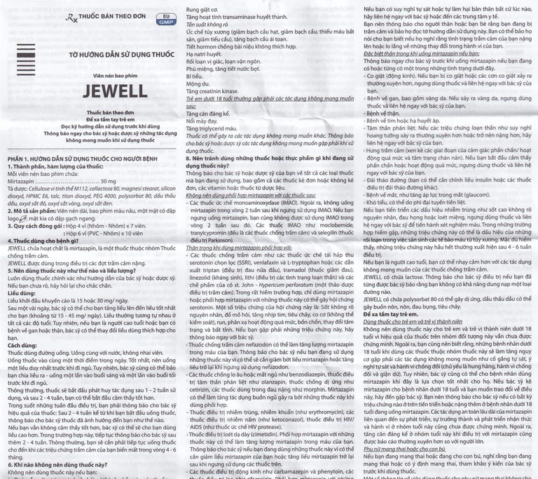 Viên nén Jewell 30mg Davipharm điều trị các đợt trầm cảm nặng (4 vỉ x 7 viên)