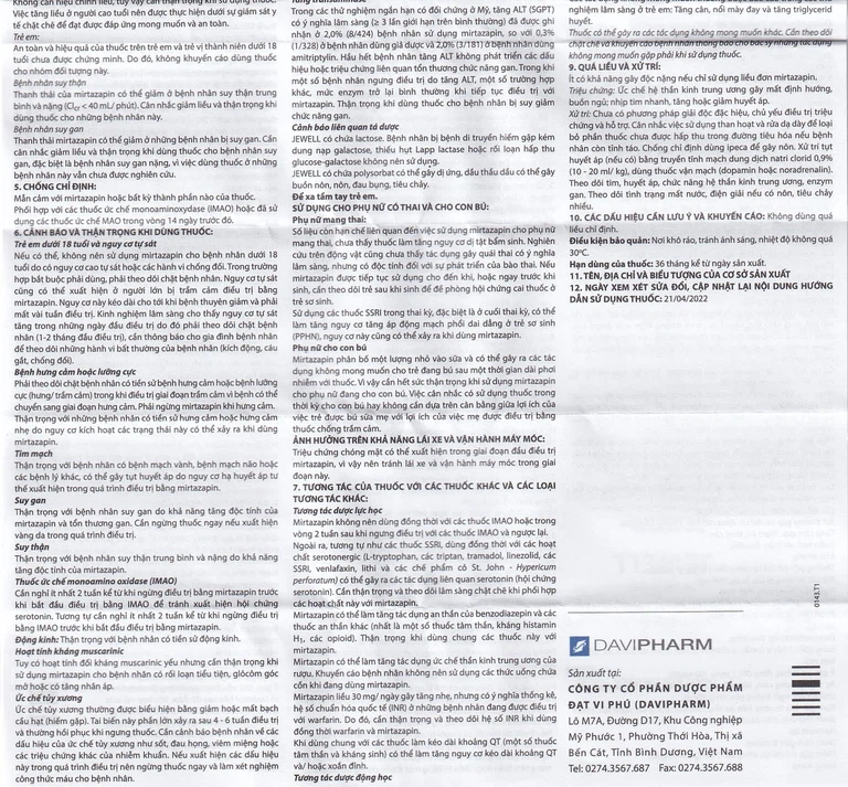 Viên nén Jewell 30mg Davipharm điều trị các đợt trầm cảm nặng (4 vỉ x 7 viên)