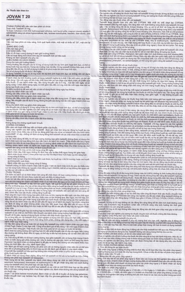 Viên nén Jovan T 20 Cadila điều trị rối loạn cương dương (1 vỉ x 1 viên)