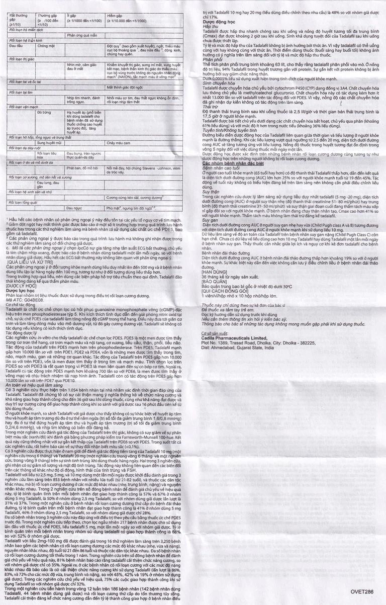 Viên nén Jovan T 20 Cadila điều trị rối loạn cương dương (1 vỉ x 1 viên)