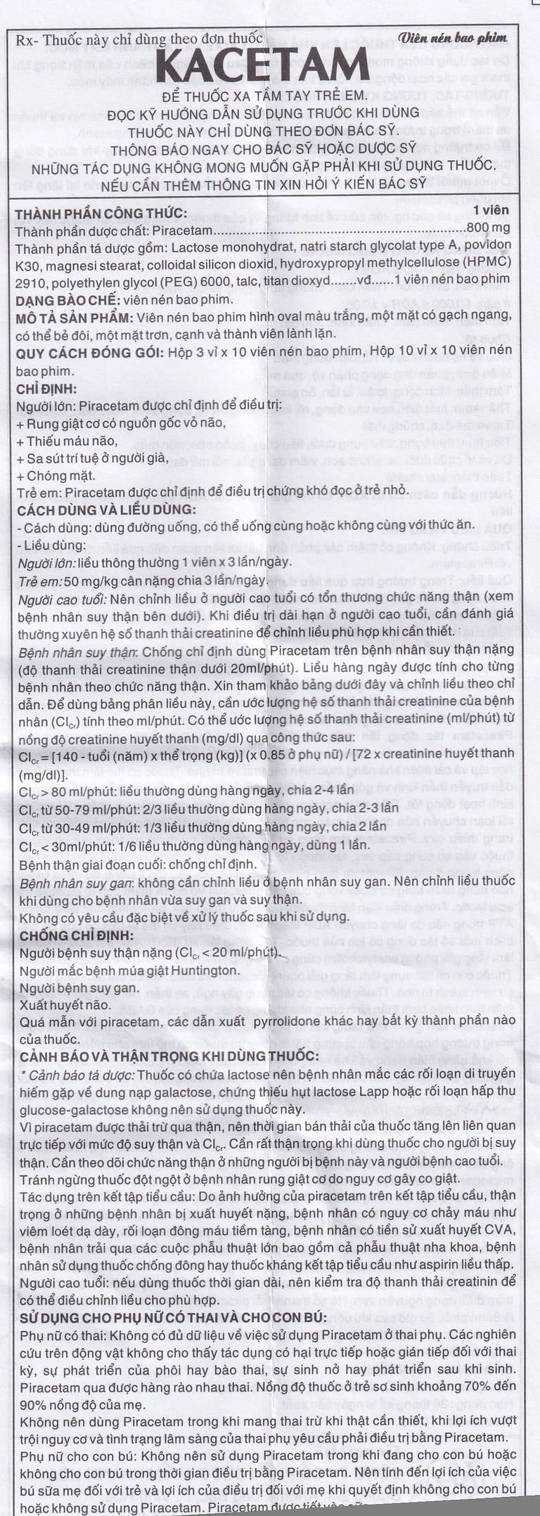 Viên nén Kacetam 800mg Khapharco điều trị rung giật cơ có nguồn gốc vỏ não, thiếu máu não (10 vỉ x 10 viên)