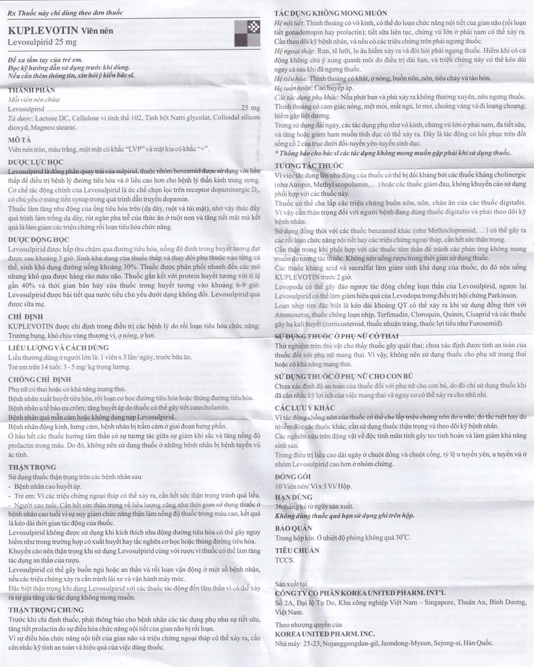 Viên nén Kuplevotin 25mg Korea United điều trị rối loạn tiêu hóa, trướng bụng (3 vỉ x 10 viên)