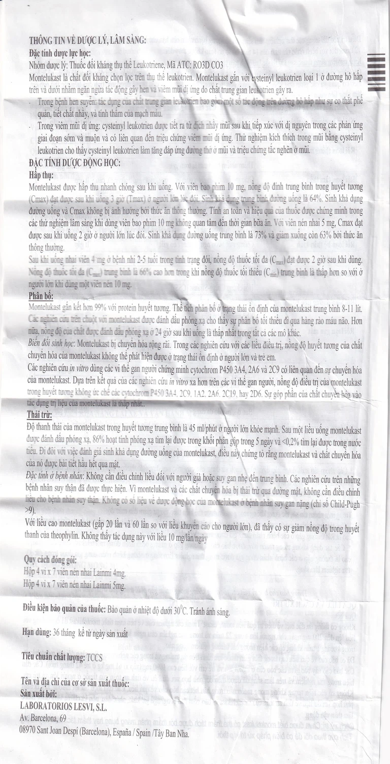 Thuốc Lainmi 4mg Lesvi phòng ngừa và điều trị hen (4 vỉ x 7 viên)