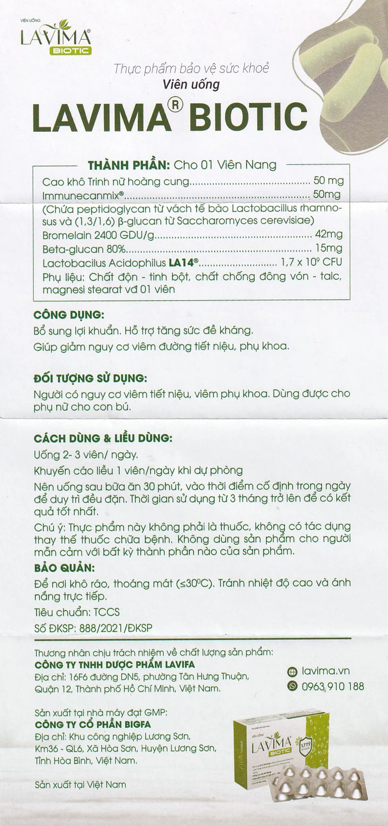 Viên uống Lavima Biotic bổ sung lợi khuẩn, hỗ trợ tăng sức đề kháng (2 vỉ x 10 viên)