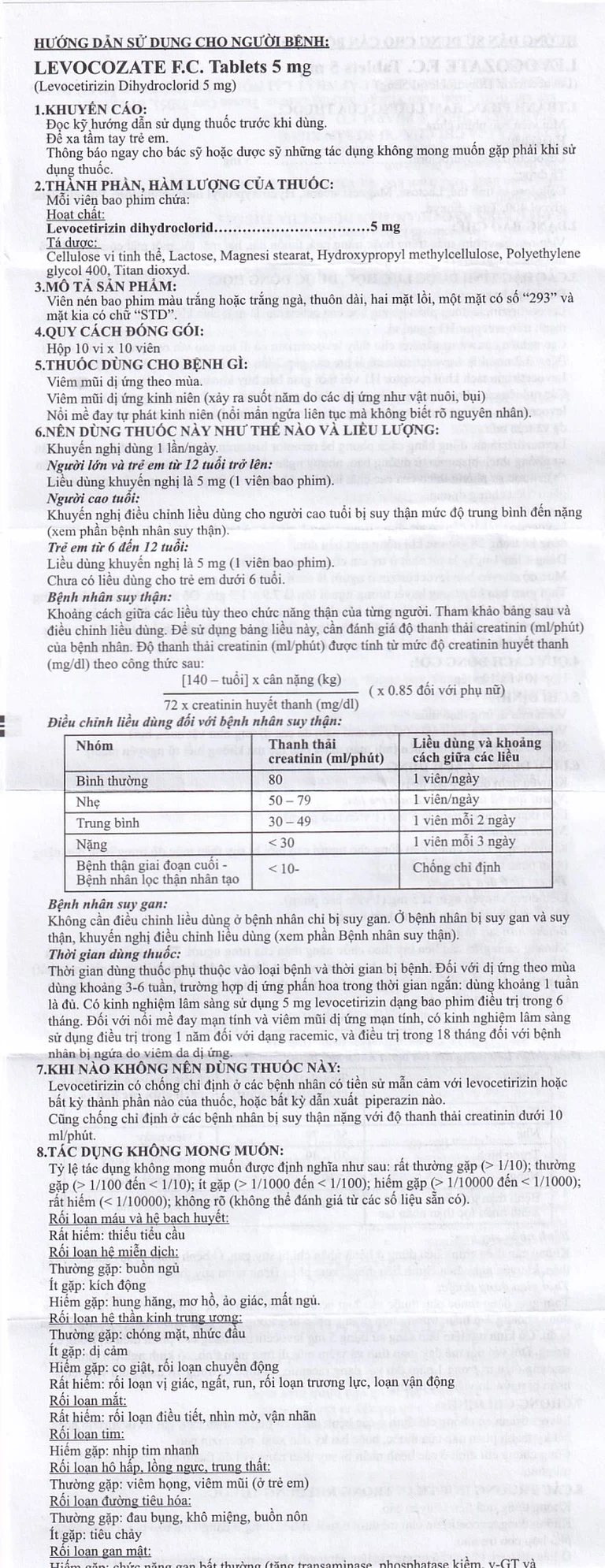 Thuốc Levocozate 5mg dùng trong điều trị viêm mũi dị ứng theo mùa, dị ứng kinh niên, nổi mề đay tự phát (10 vỉ x 10 viên)