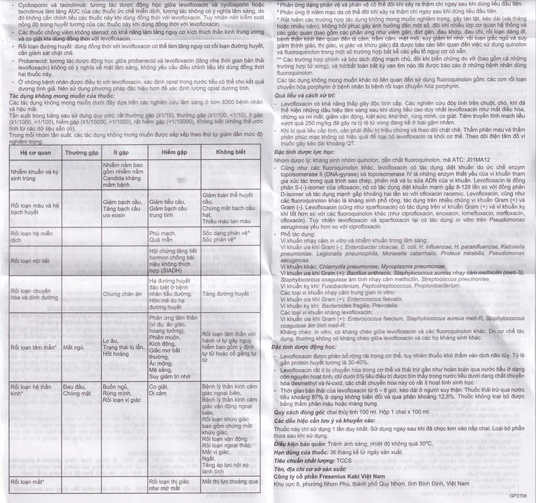 Dịch tiêm truyền Levofloxacin Kabi 100ml Fresenius Kabi điều trị nhiễm khuẩn, viêm phổi