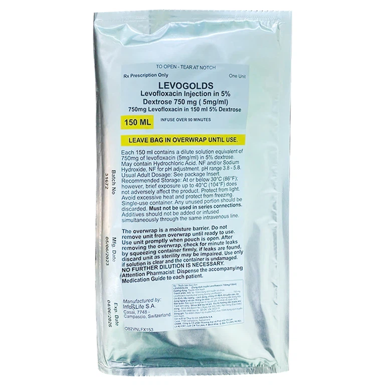 Thuốc Levogolds 750mg Inforlife điều trị nhiễm khuẩn do vi khuẩn nhạy cảm (150ml)