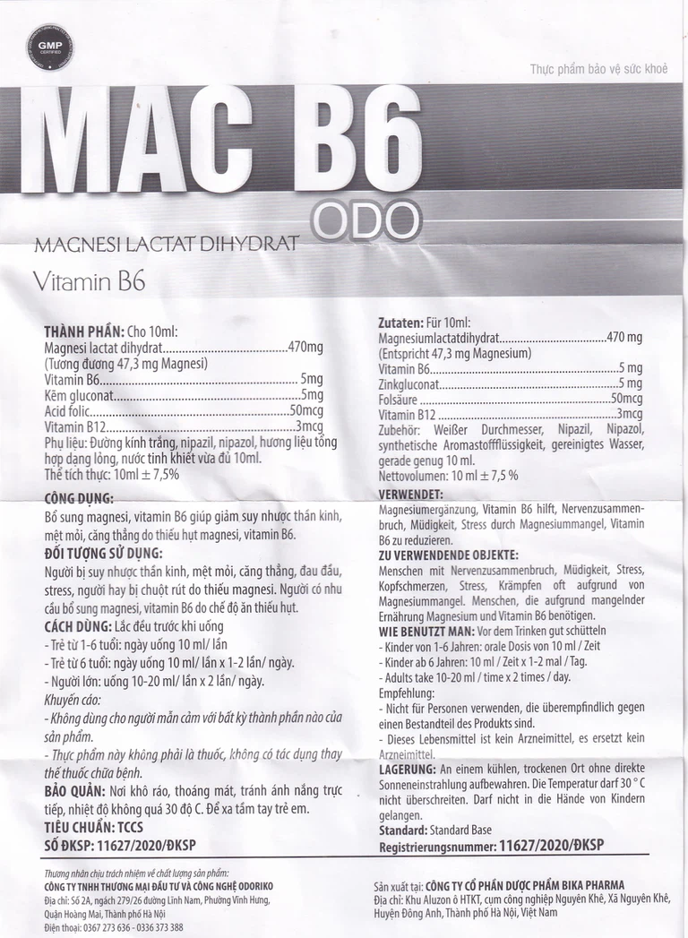 Siro Mac B6 ODO 10ml Odoriko bổ sung magnesi, vitamin B6 (20 ống)