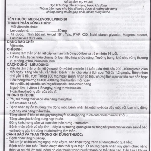 Viên nén Medi-Levosulpirid 50 Medisun điều trị tâm thần phân liệt, rối loạn tiêu hóa (3 vỉ x 10 viên)