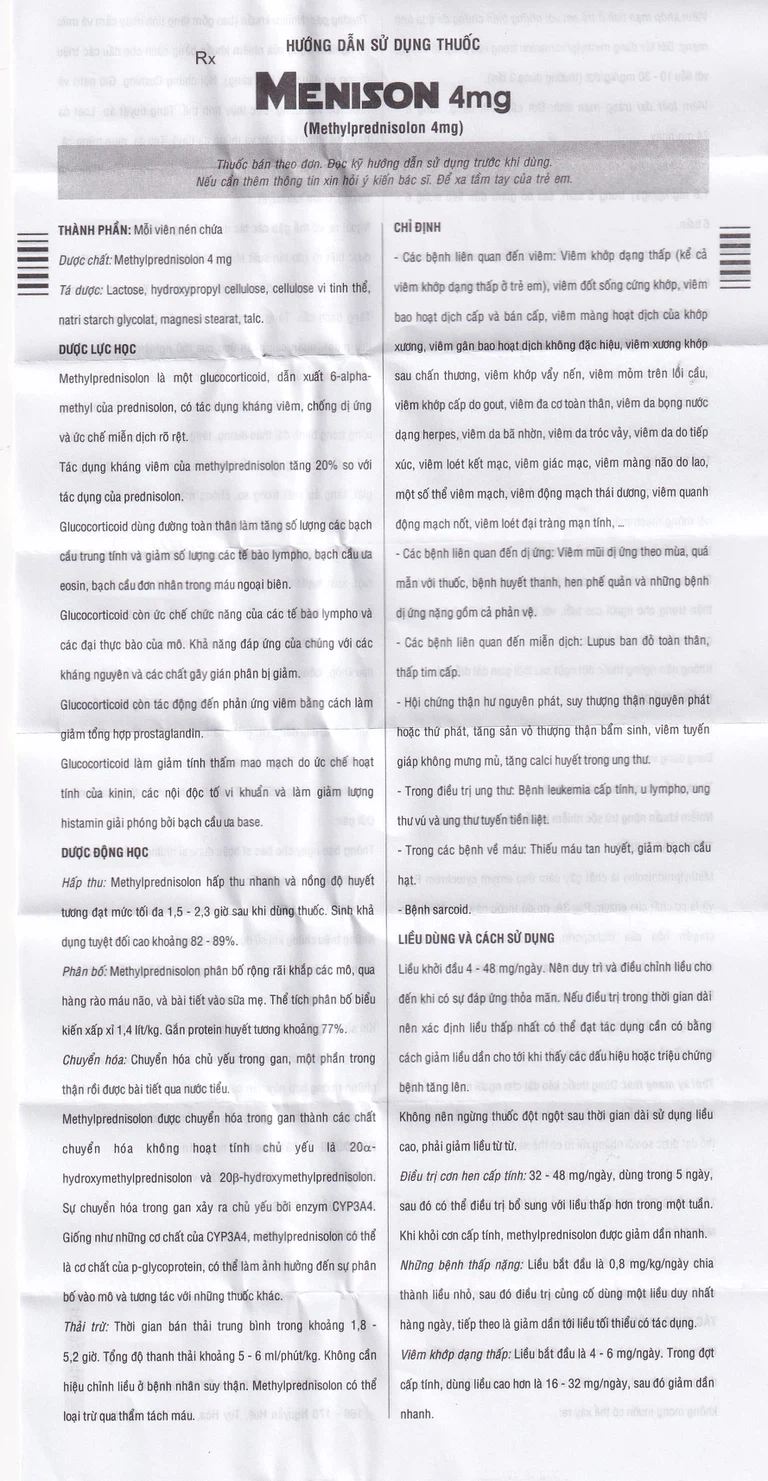 Thuốc Menison 4mg Pymepharco điều trị rối loạn nội tiết, viêm khớp, bệnh collagen (3 vỉ x 10 viên)