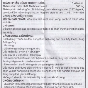 Viên nén Methocarbamol 500mg Khapharco điều trị ngắn hạn cơn đau, co thắt cơ, bong gân (10 vỉ x 10 viên)