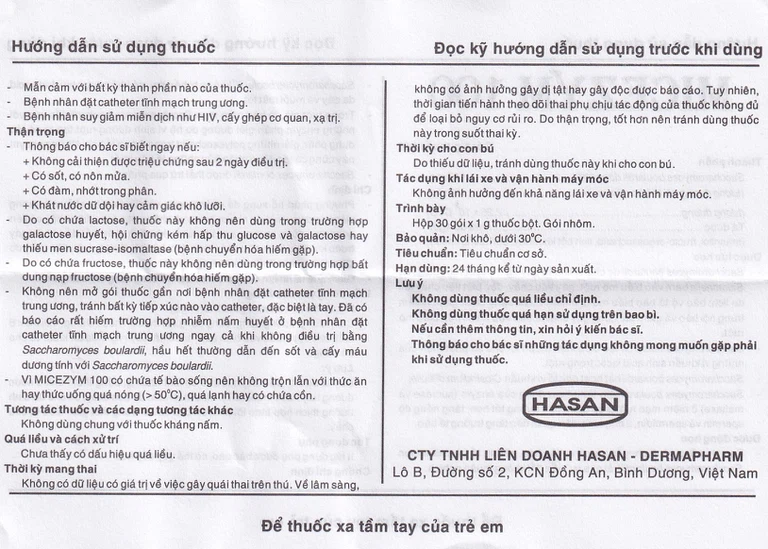 Thuốc bột Micezym 100 Hasan phòng ngừa và điều trị tiêu chảy (30 gói x 1g))
