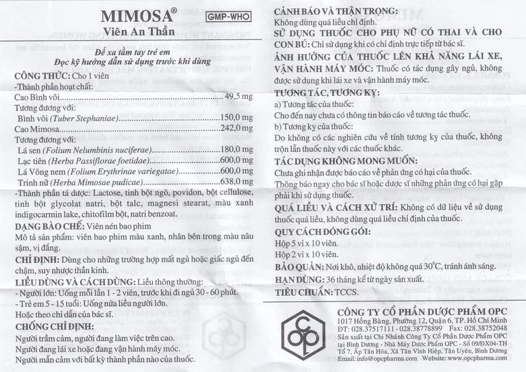 Viên an thần Mimosa OPC dùng cho trường hợp mất ngủ, suy nhược thần kinh (5 vỉ x 10 viên)