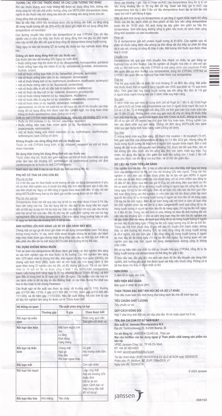 Hỗn dịch uống Motilium Janssen điều trị triệu chứng nôn và buồn nôn (100ml)