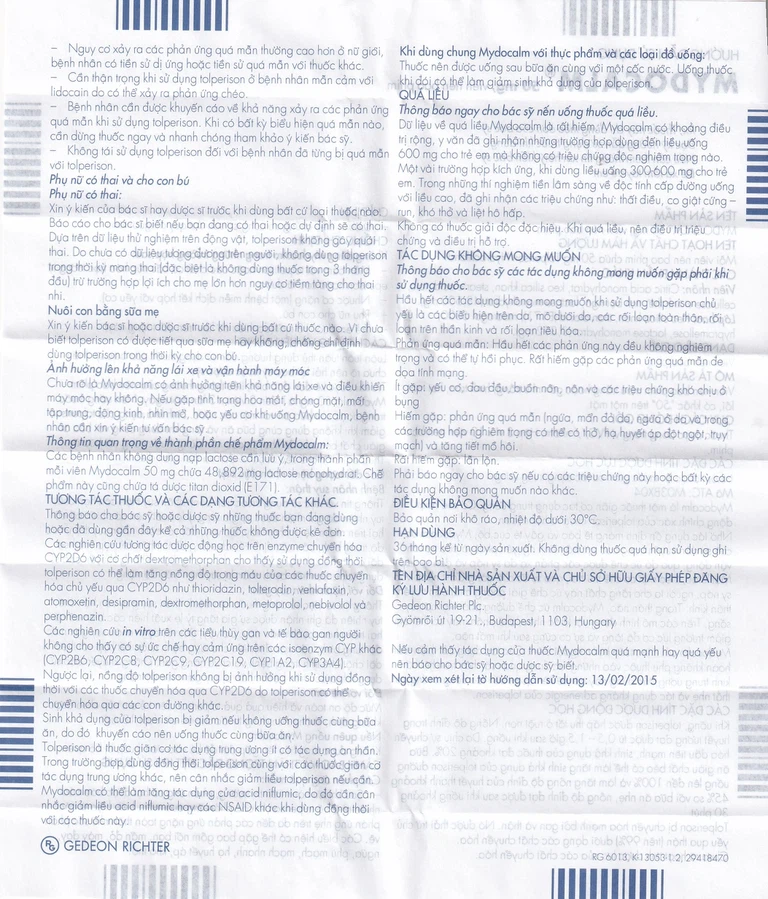Viên nén Mydocalm 50mg Gedeon điều trị triệu chứng co cứng cơ sau đột quỵ (3 vỉ x 10 viên)