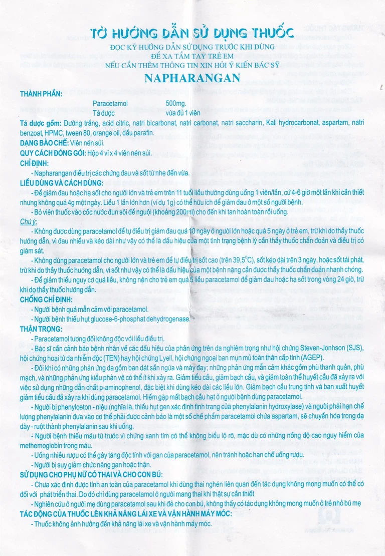 Viên sủi Napharangan 500mg Nam Hà hạ nhiệt, giảm đau, điều trị sốt từ nhẹ đến vừa (4 vỉ x 4 viên)