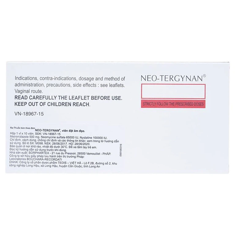 Viên đặt âm đạo Neo-Tergynan Bouchara điều trị viêm âm đạo (1 vỉ x 10 viên)