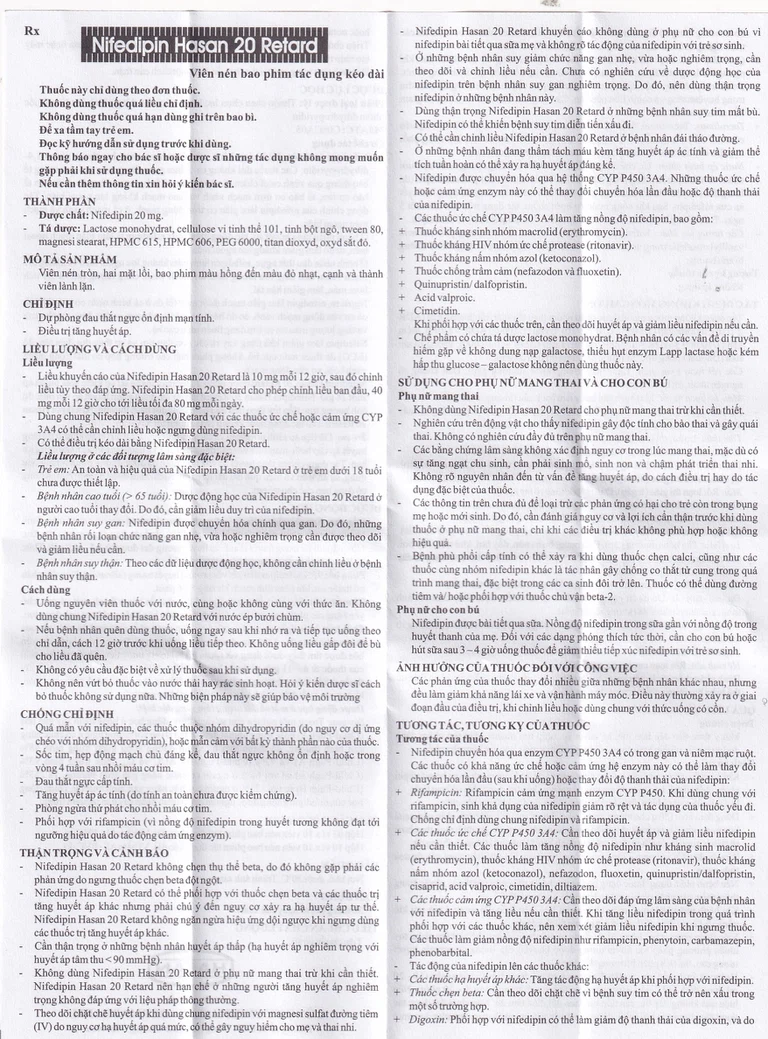 Viên nén Nifedipin Hasan 20 Retard Hasan điều trị tăng huyết áp (10 vỉ x 10 viên)
