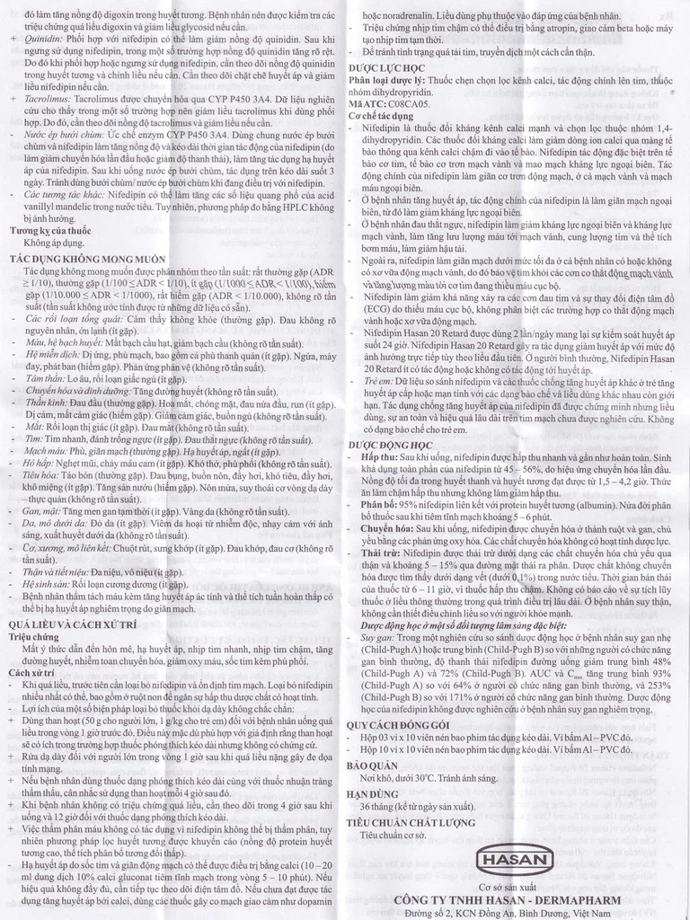 Viên nén Nifedipin Hasan 20 Retard Hasan điều trị tăng huyết áp (10 vỉ x 10 viên)
