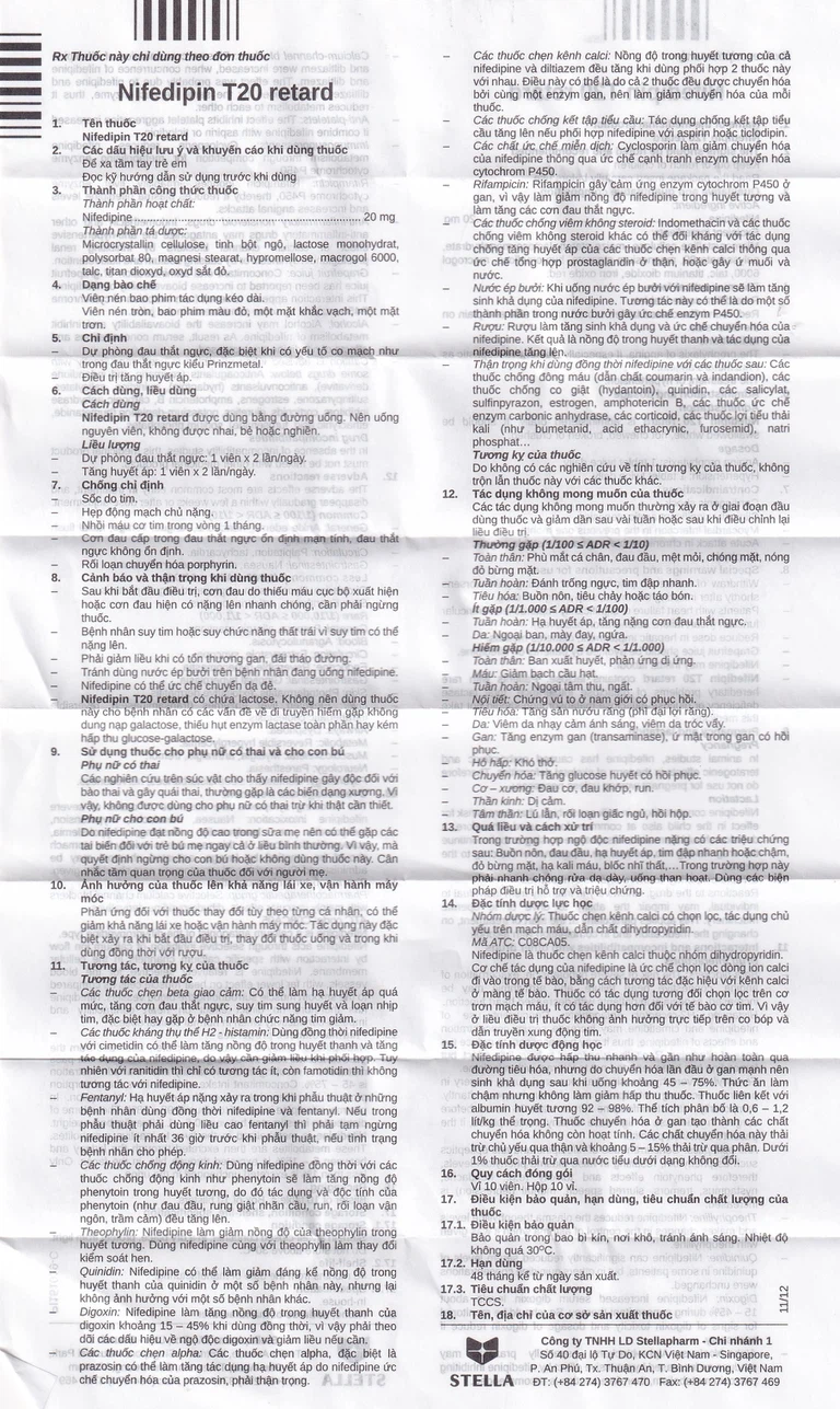 Viên nén Nifedipin T20 retard Stella dự phòng đau thắt ngực, điều trị tăng huyết áp (10 vỉ x 10 viên)