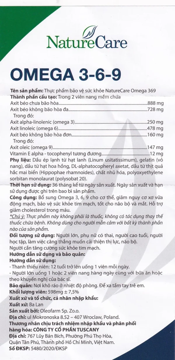 Viên nang mềm NatureCare Omega 369 bổ sung Omega, giảm nguy cơ xơ vữa động mạch (6 vỉ x 20 viên)