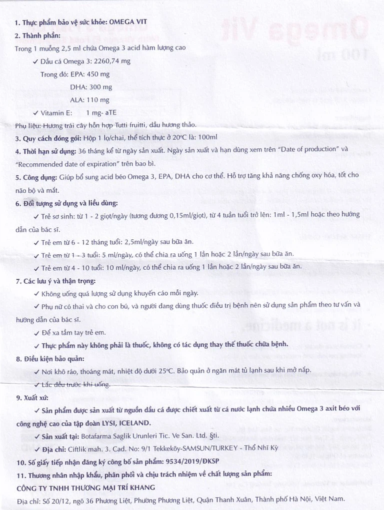 Thực phẩm bảo vệ sức khỏe Omega Vit Botafarma hỗ trợ tăng khả năng chống oxy hóa, tốt cho não bộ và mắt (100ml)